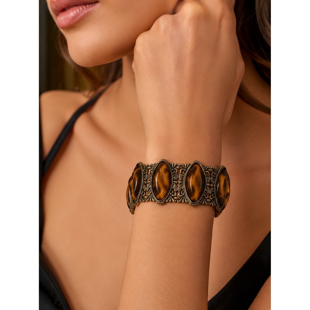 Vintage Tortoise Shell Cuff Bracelet Gold Filigree Wide Statement Jewelry